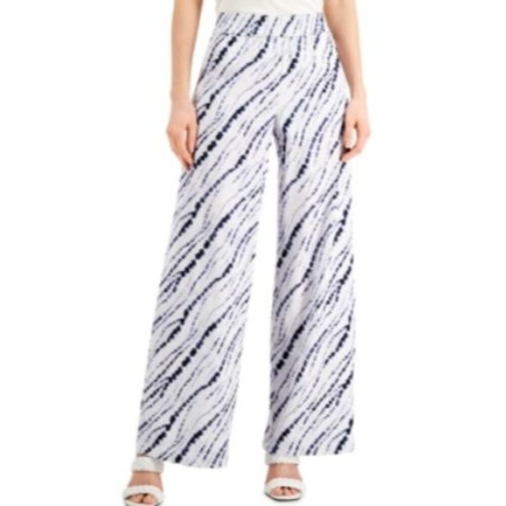 New! INC International Concepts Amelia Dye Ikat White Purple Wide Leg Pants PM